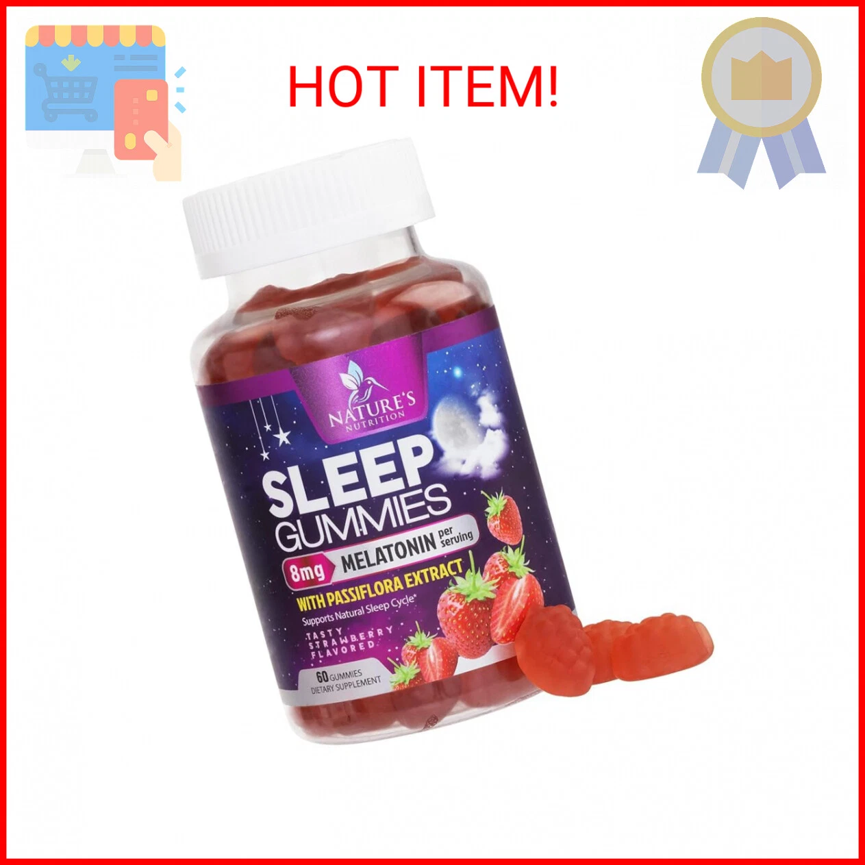 Sleep Gummy 8mg Melatonin - Extra Strength Sleep Support with 20mg Passiflora, N