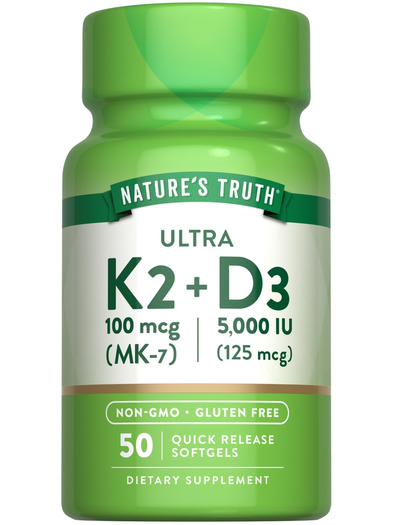 Vitamin K2 mk7 with D3 Supplement | 50 Softgels | Non-GMO | by Nature's Truth