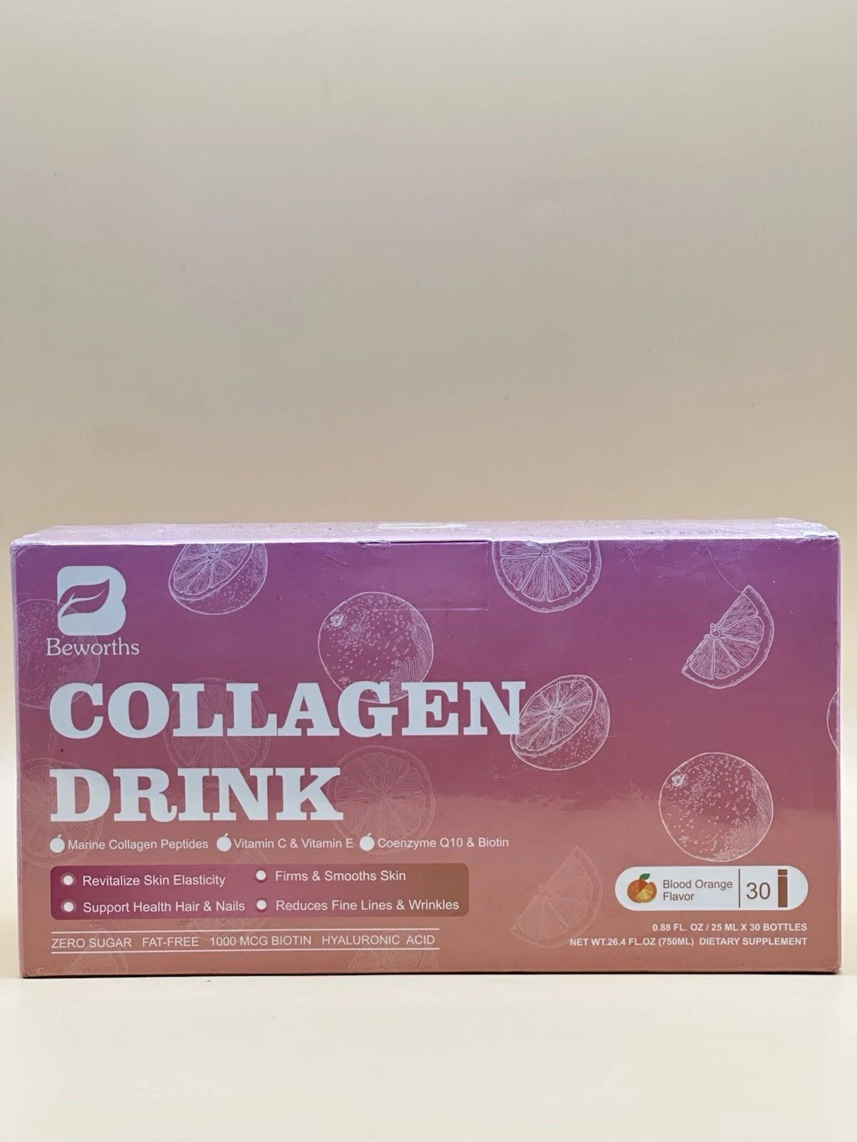 Beworths Collagen Marine Peptides Liquid Drink Blood Orange Zero Sugar 30ct 5/26