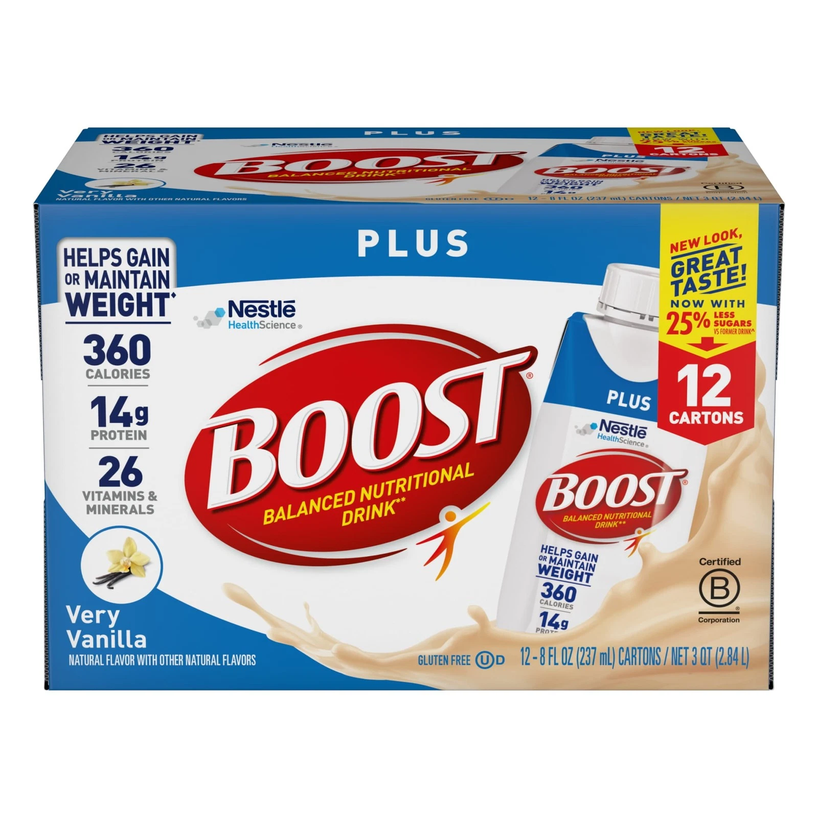 BOOST Plus Nutritional Drink Protein Shakes, Very Vanilla, 8 fl oz, 12 Pack