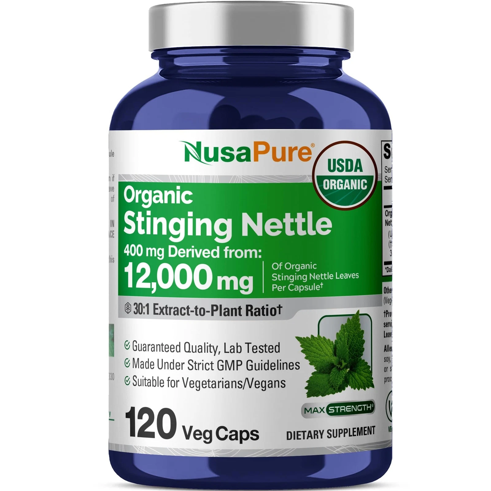 NusaPure USDA Organic Stinging Nettle 30:1 Extract 12,000 mg 120 Veggie Caps