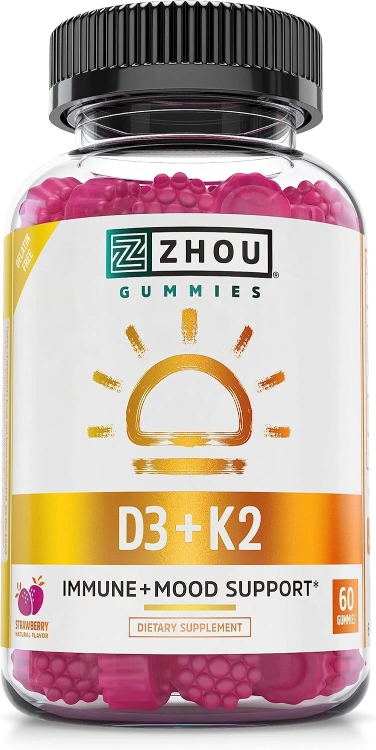 Zhou Nutrition Vitamin D3 K2 Gummies, Bone and Heart Health 5000 IU, 60CT