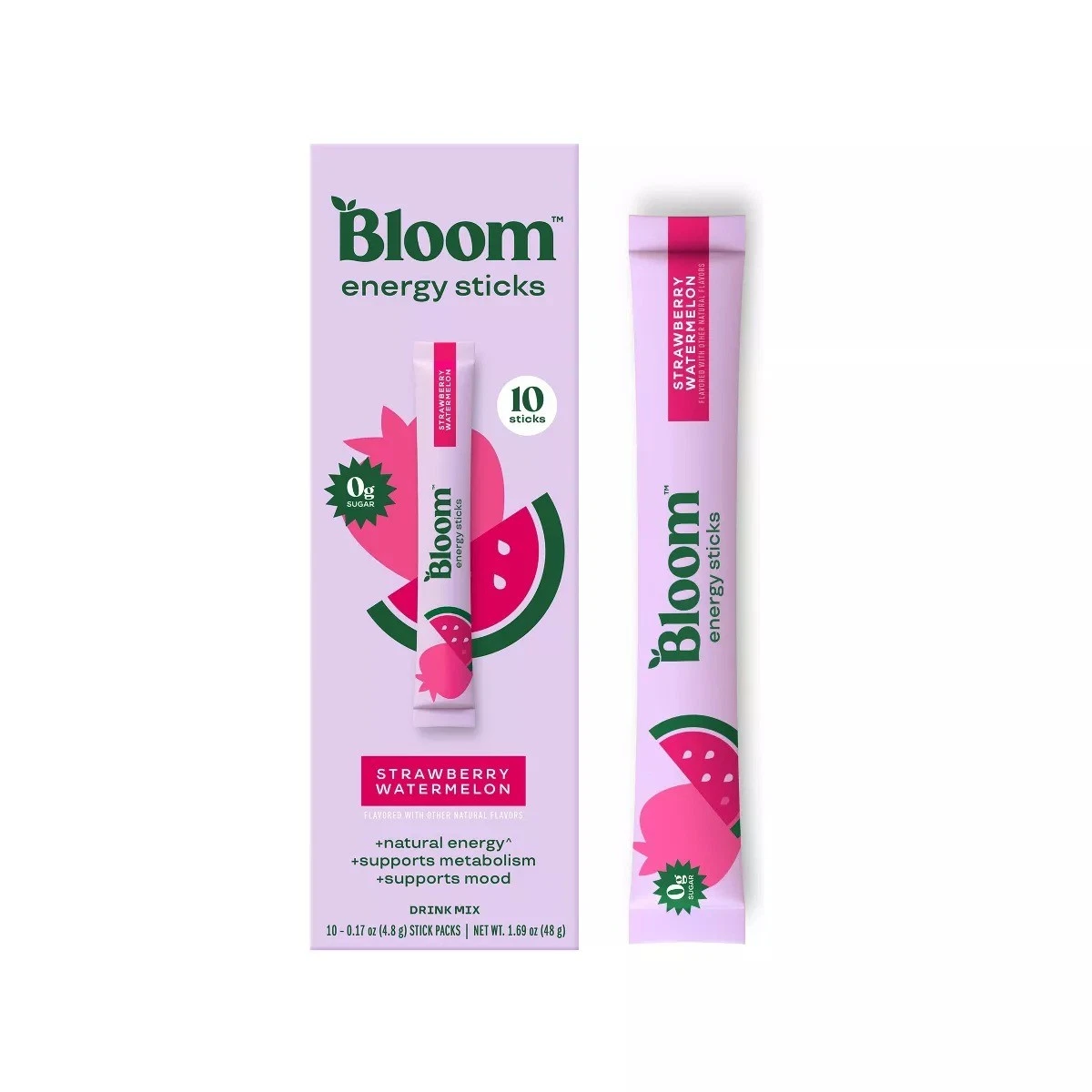 Bloom Energy Sticks Packs with Natural Energy Strawberry Watermelon - 10pk