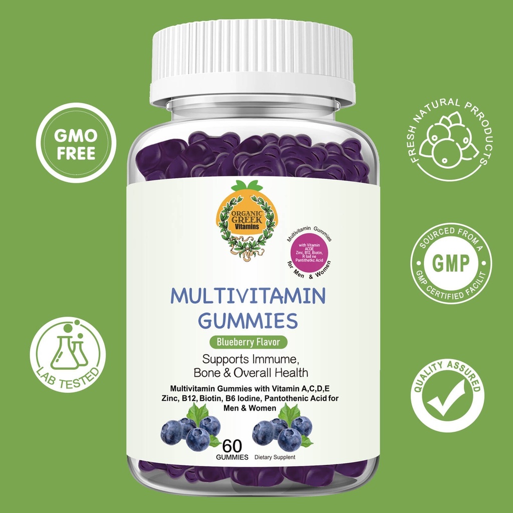 Blueberry Multivitamin Gummies Vitamin A, C, D, E, Zinc, B12 more Organic Greek®