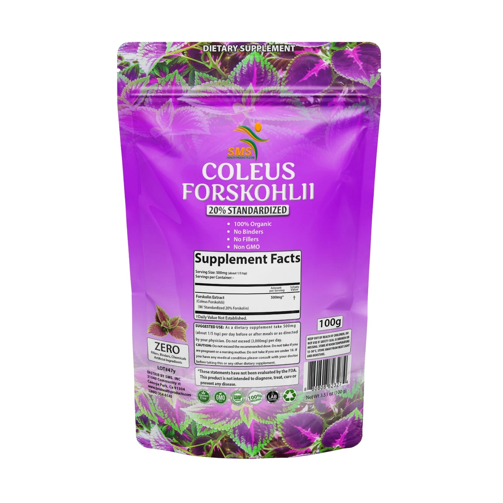 PURE Forskolin 4:1 Extract Powder Coleus Forskohlii Organic Supplement 100G