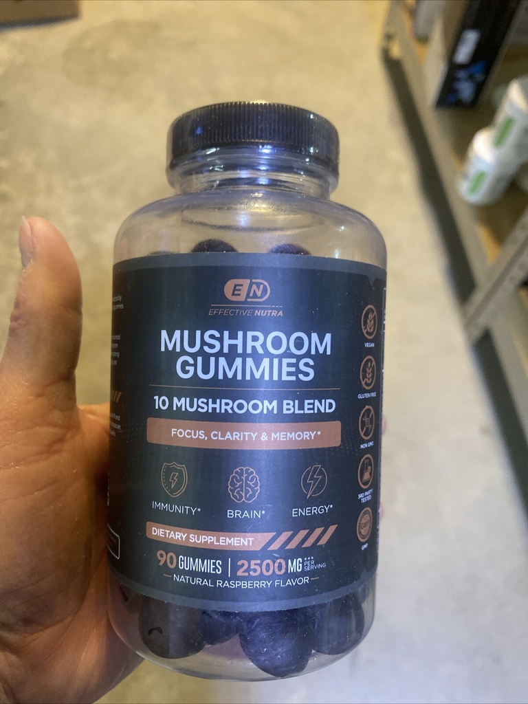 Effective Nutra Mushroom Gummies 10 Blend 90 Count Natural Raspberry Flavor 2500