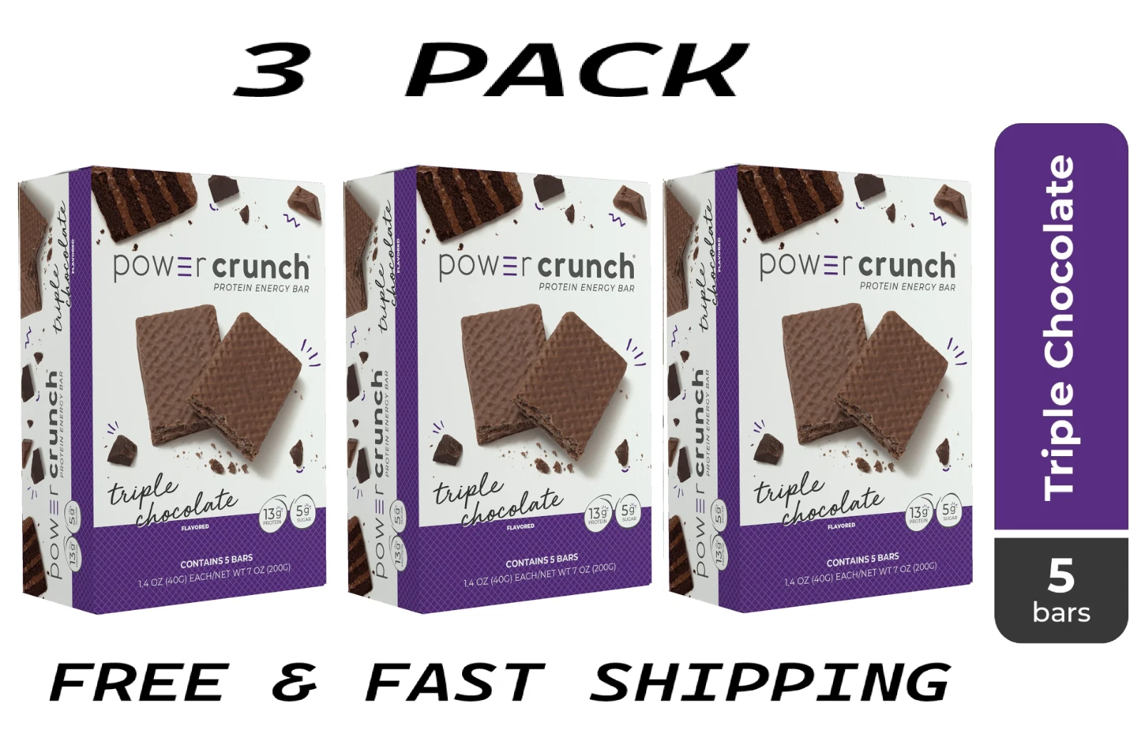 Power Crunch Original Protein Bars, Triple Chocolate, 1.4 oz, 5 Count (3 PACK)