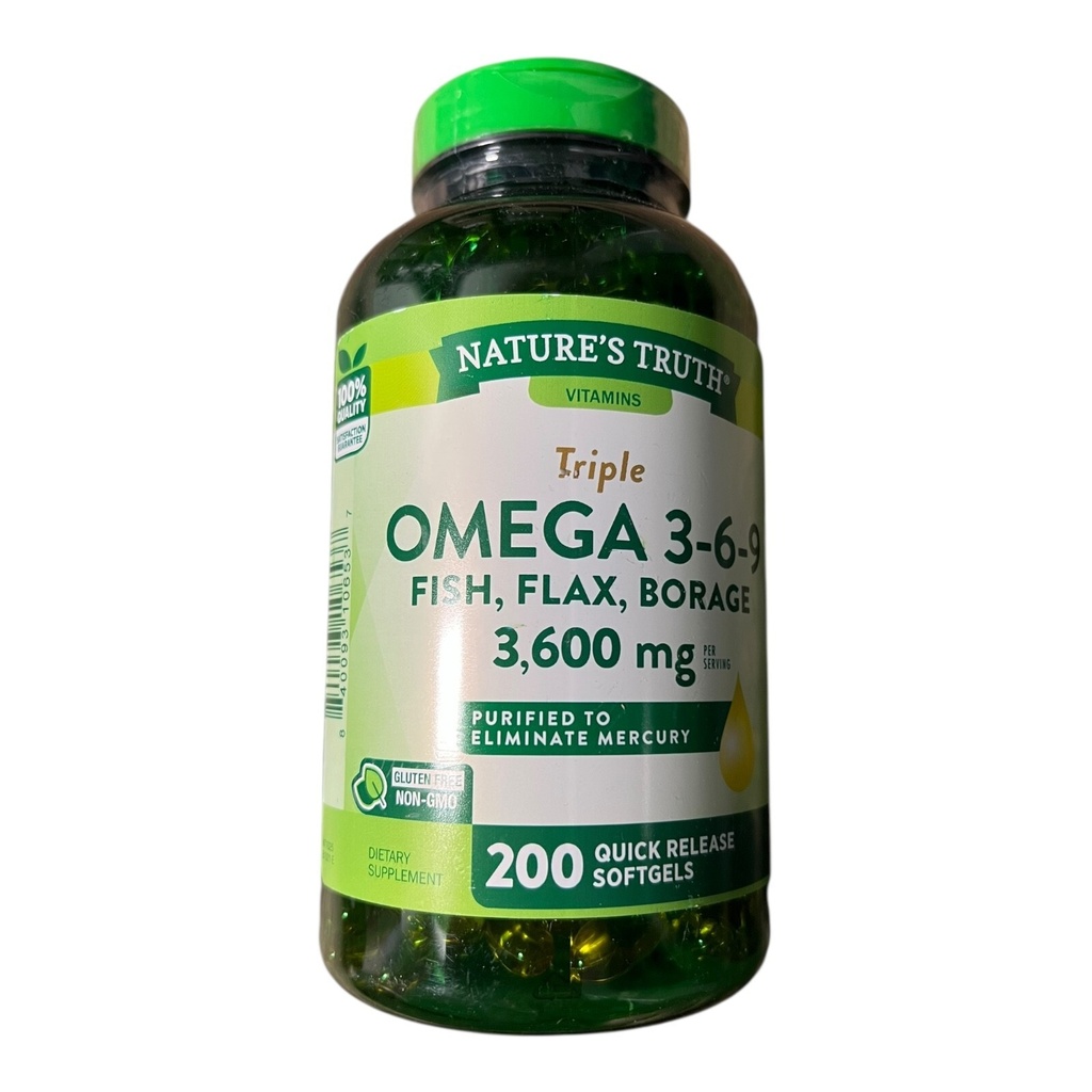Nature's Truth Triple Omega 3-6-9 3600mg 200 Softgels DHA EPA EXP09/27