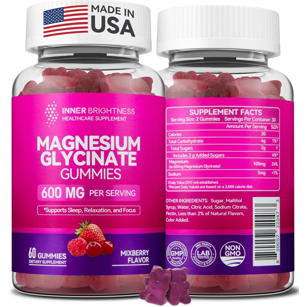 Magnesium Glycinate Gummies 600mg Non-GMO Gluten-Free Magnesium Gummies for A...