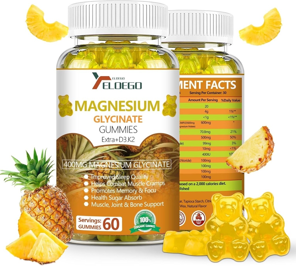 Magnesium Glycinate Gummies 600mg (Magnesium Malate 200mg), Pineapple Flavor