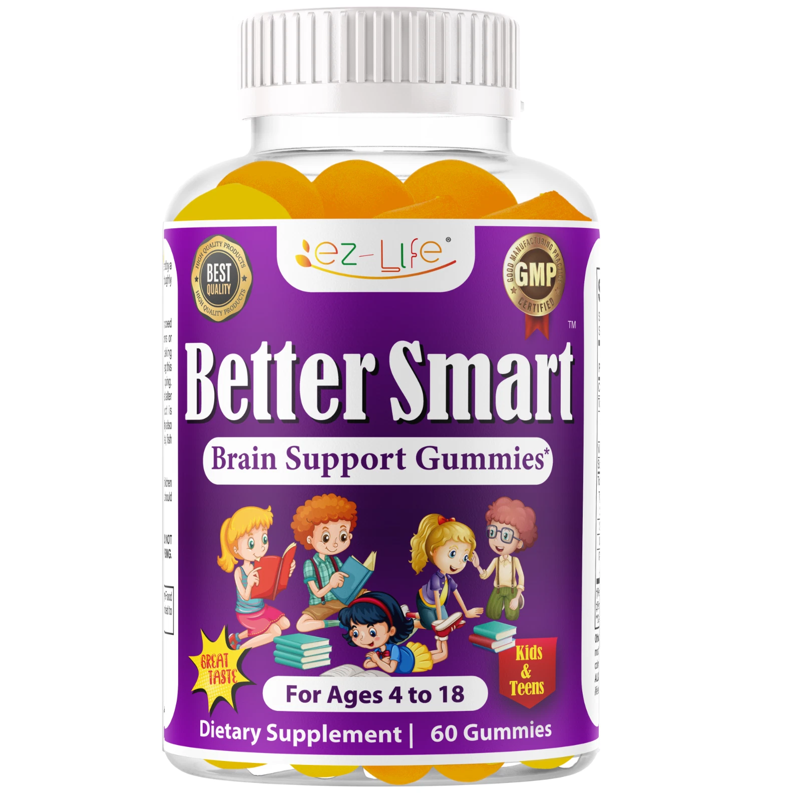 Focus Gummies Brain Booster for Kids & Teens, Omega 3 DHA Memory Supplement 60Ct
