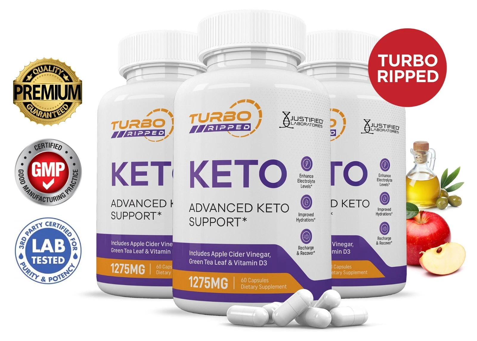 Turbo Ripped Keto ACV Pills 1275 MG Stronger Than Gummies Keto Support 3 Bottle