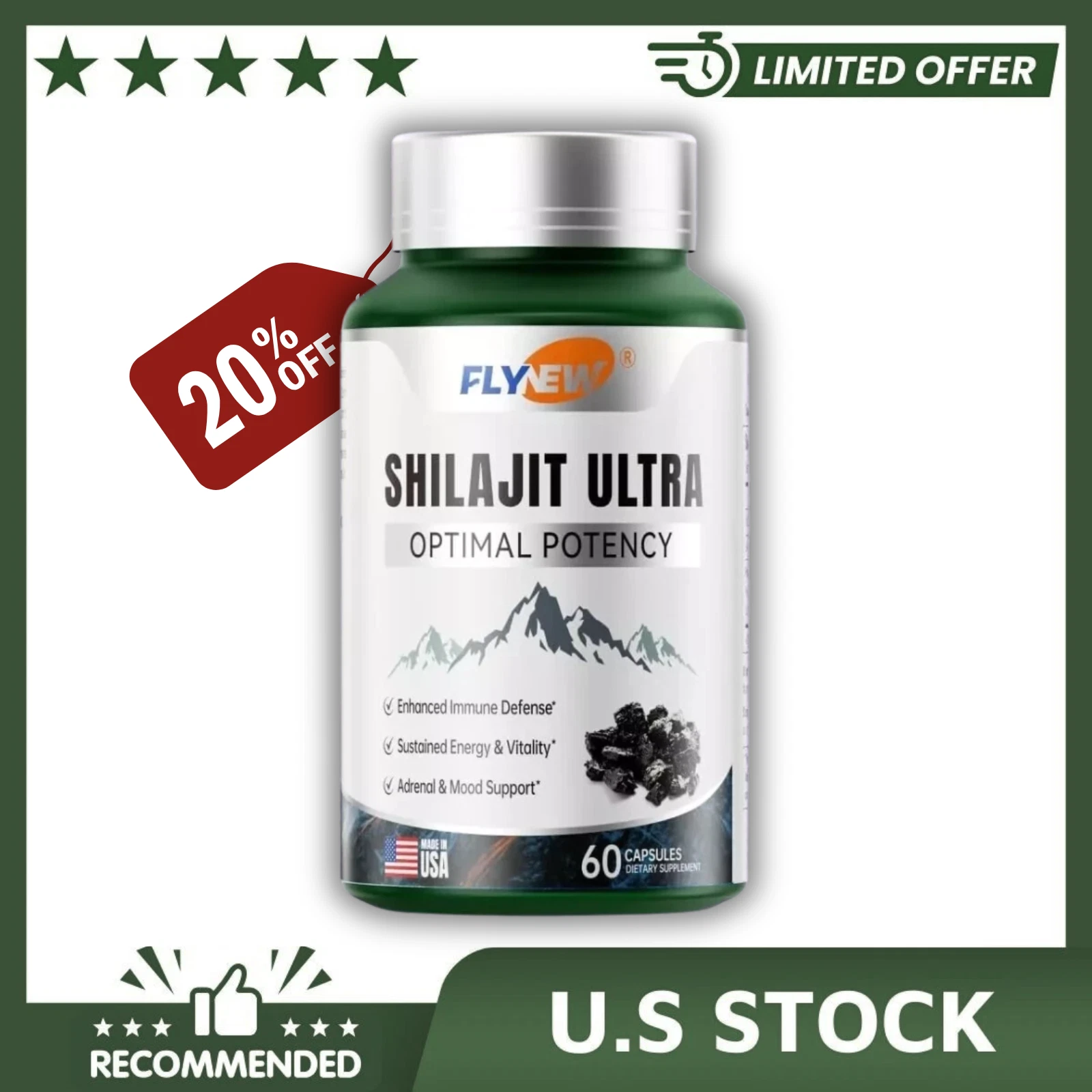 Flynew Shilajit Ultra Optimal Potency, Energy& Vitality, Shilajit L-arginine,