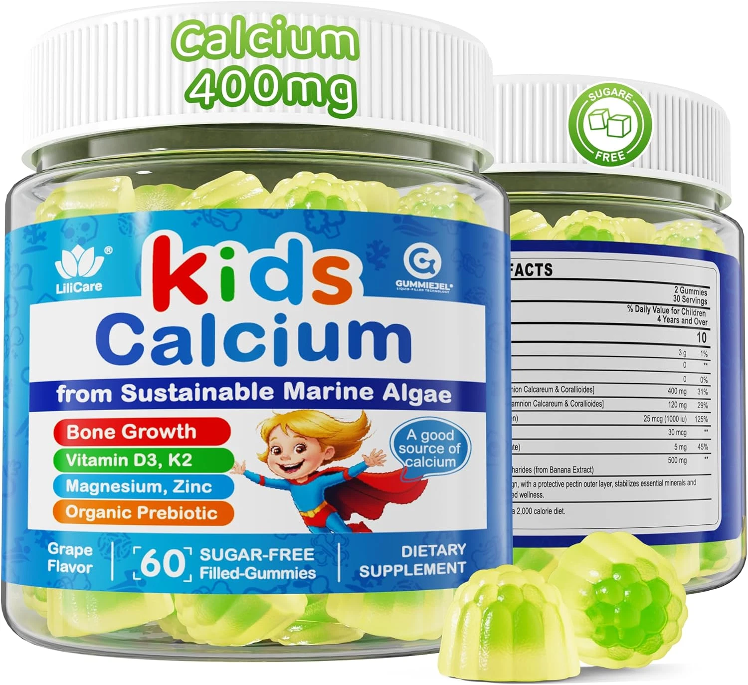 Calcium Gummies for Kids & Teens with Vitamin D3 K2, Magnesium, Zinc, Prebiotics
