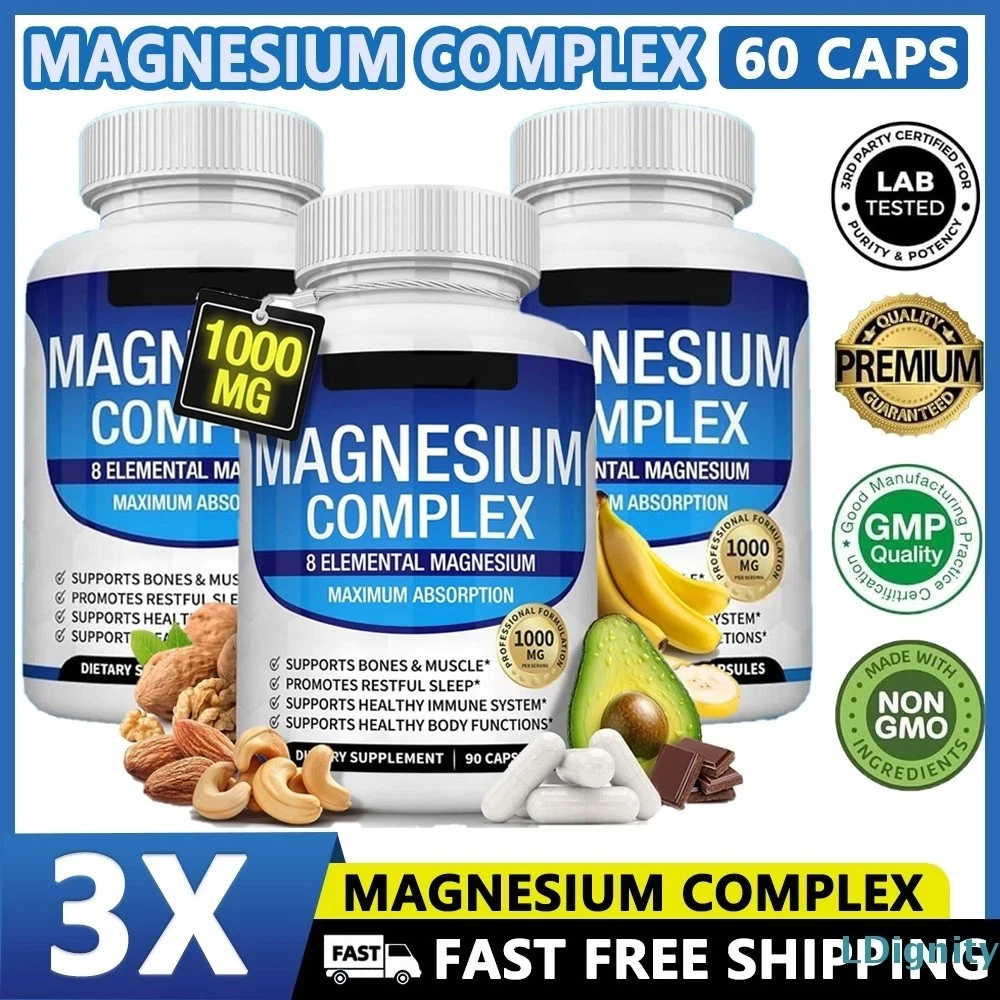 1-3PACK Magnesium Complex 1000mg, 8 Elemental Magnesium, Gluten Free- Non-GMO