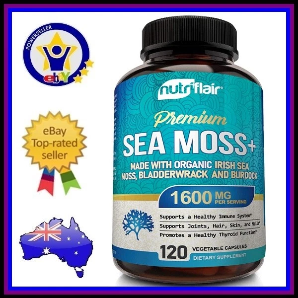 NUTRIFLAIR ORGANIC IRISH SEA MOSS 1600mg Bladderwrack Burdock Detox 120 Caps
