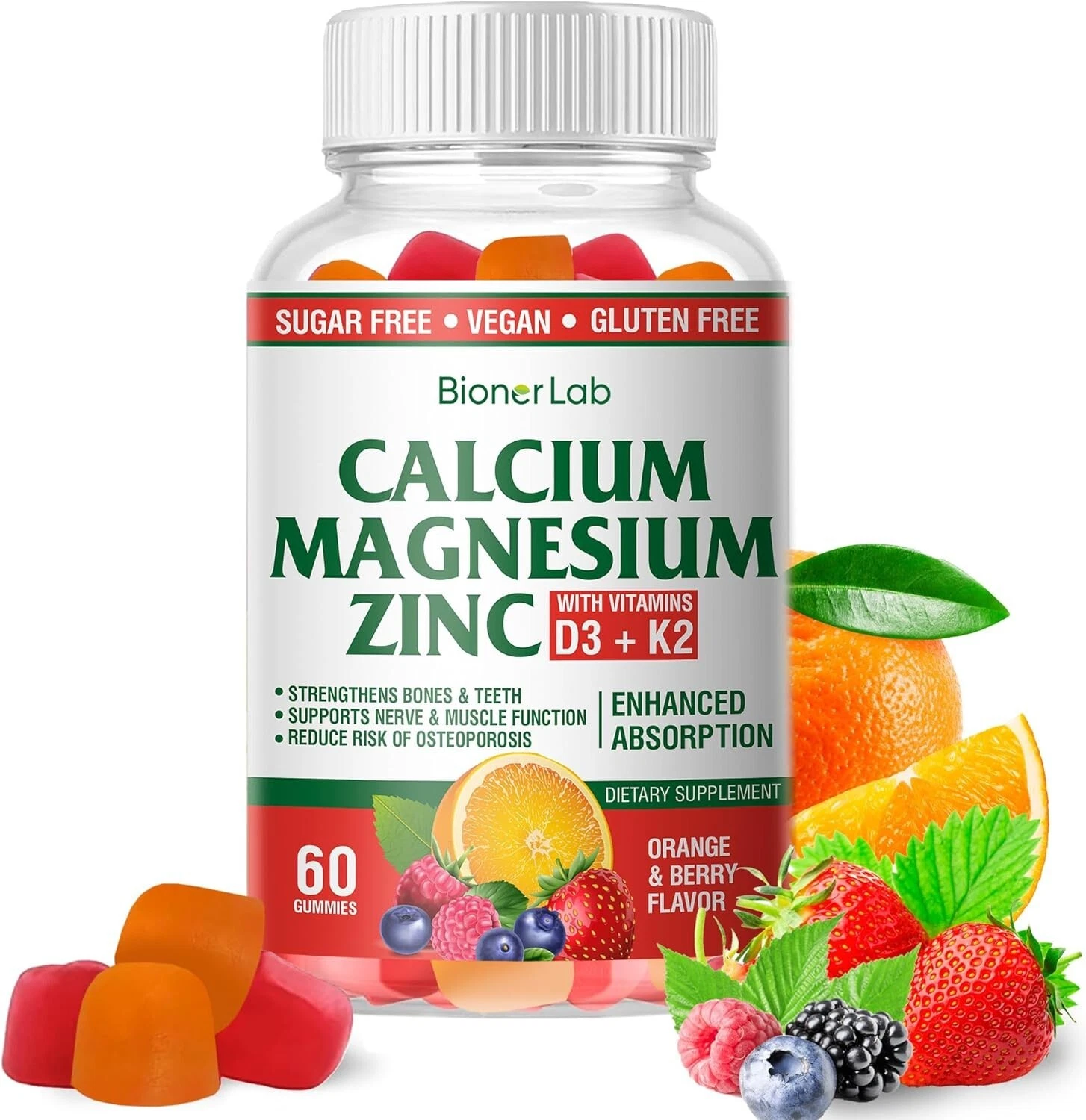 Calcium Magnesium Zinc Gummies with Vitamin D3 & K2 - High Potency Enhanced