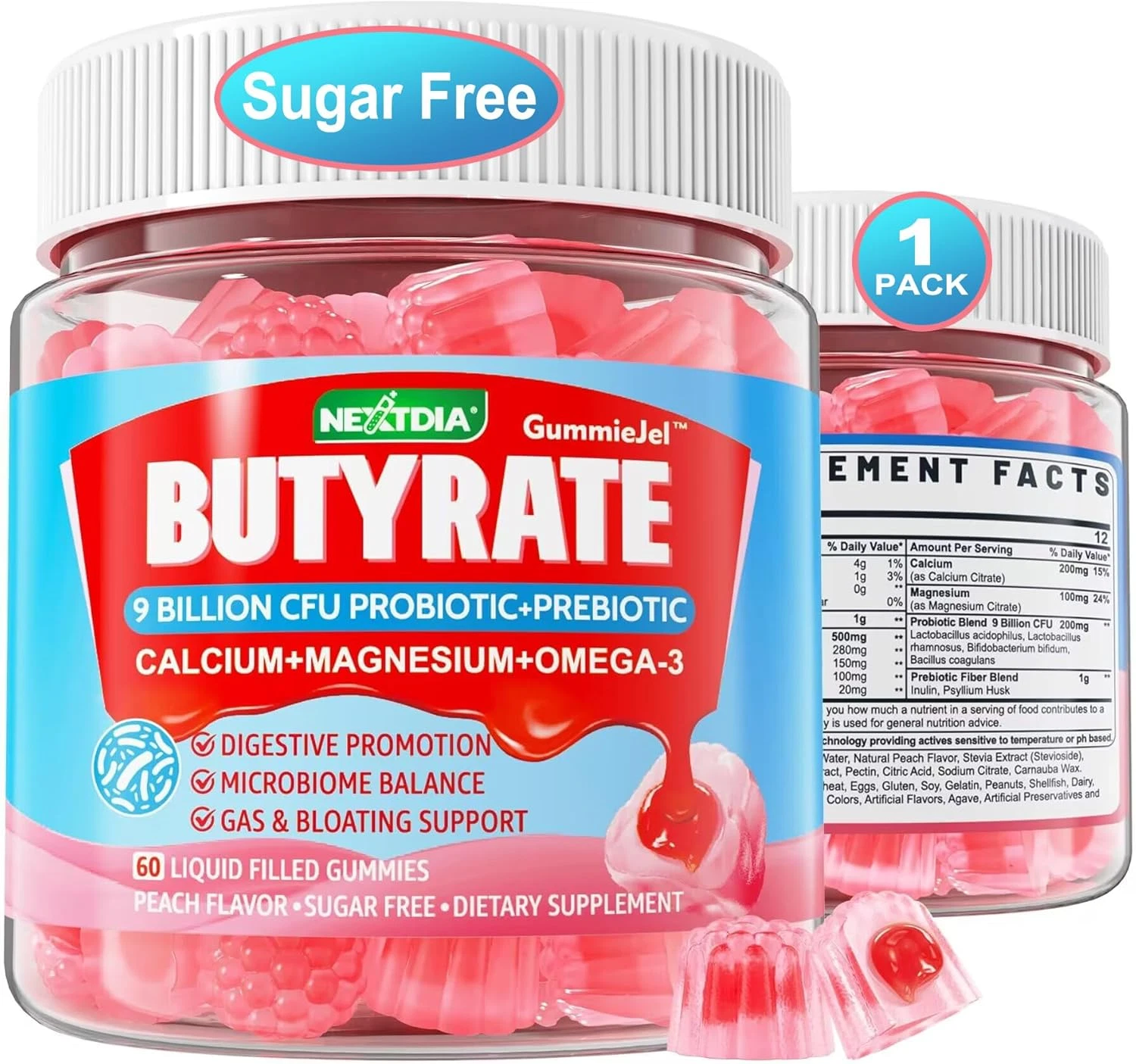 Butyrate Gummies with Probiotic + Prebiotic + Postbiotic, Omega-3 500Mg,Fiber wi
