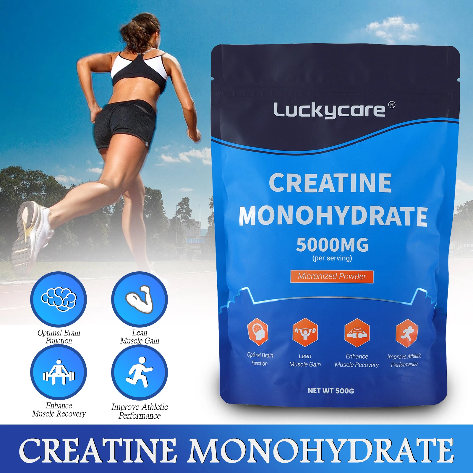 LuckyCare Pure Creatine Monohydrate 500 Gram Powder Vegan Friendly, Bodybuilding