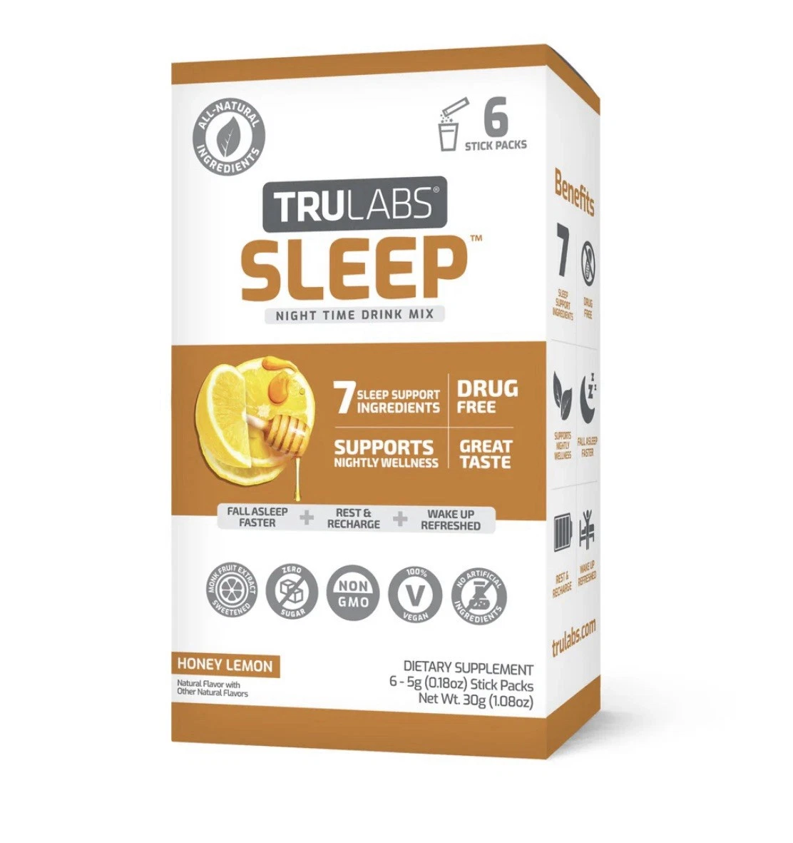 TruLabs Sleep Night Time Drink Mix - Honey Lemon - 6 Stick Packs - 5g Each - NEW
