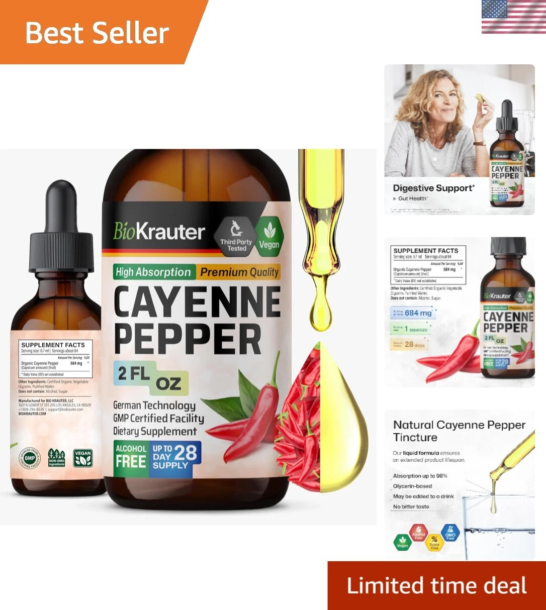 Pure Liquid Cayenne Pepper Extract - & Alcohol-Free, 2 Oz for Gut Health