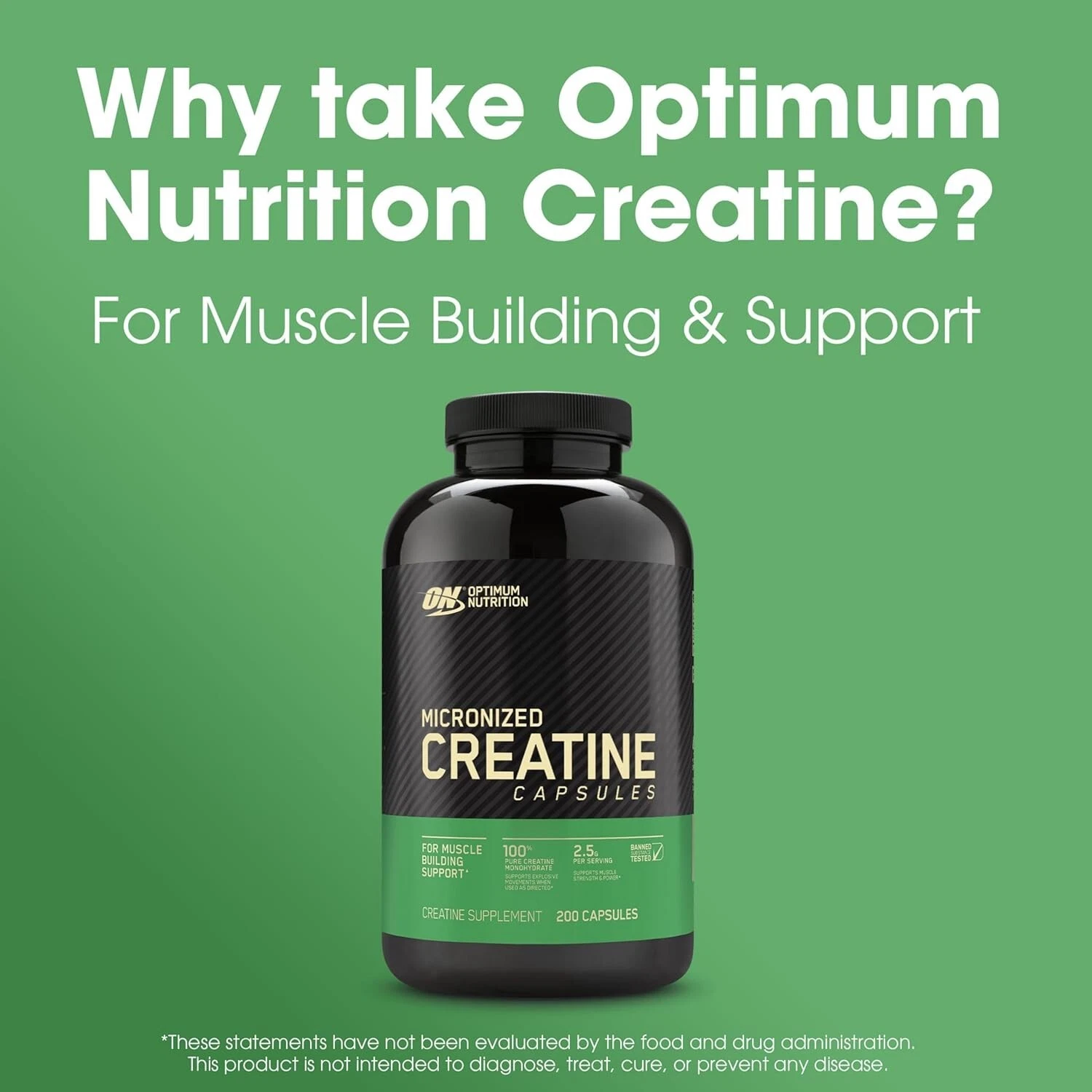 Optimum Nutrition 100% Pure Micronized 2500mg Creatine Monohydrate 200 Capsules