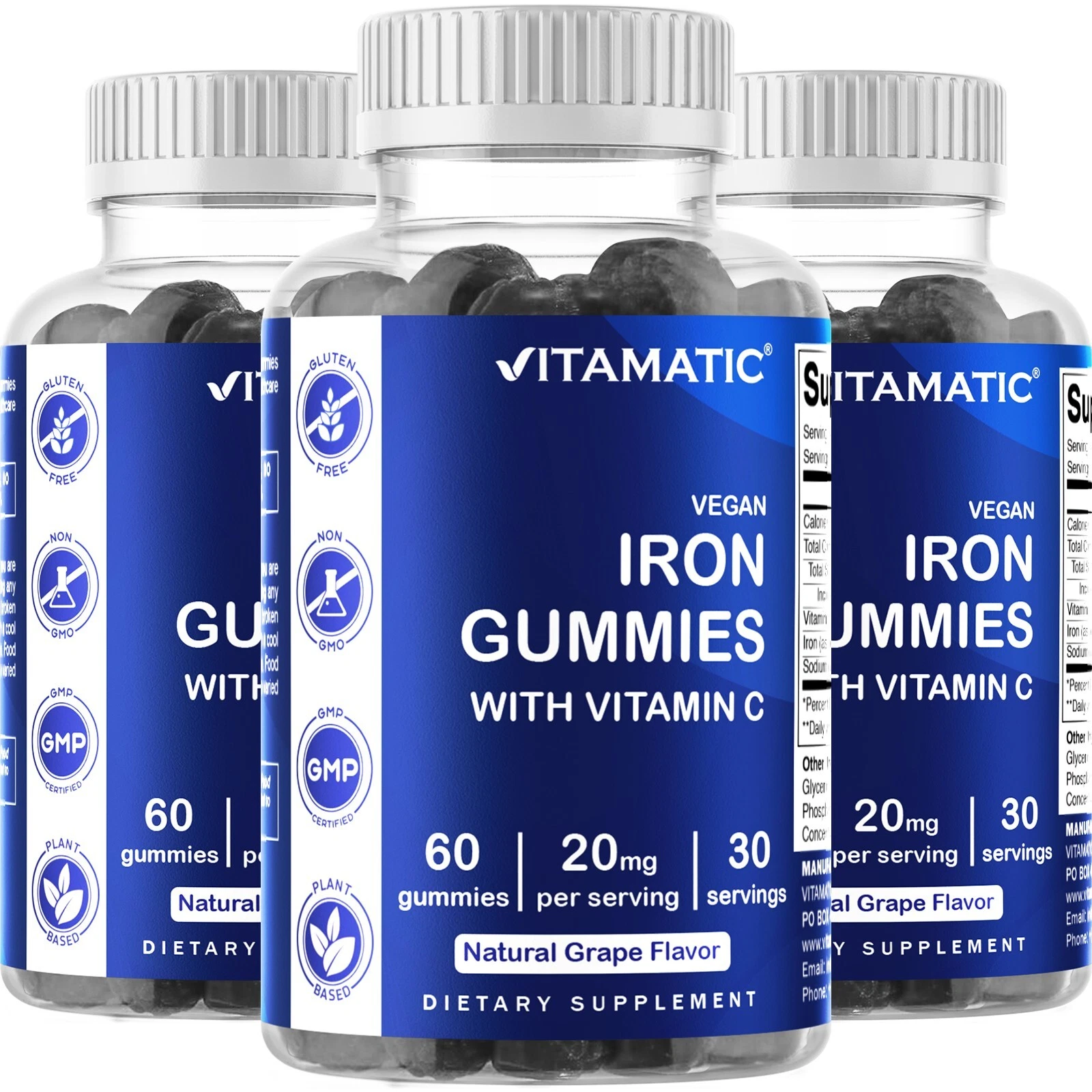 Vitamatic Iron Gummies Supplement - 20mg Serving - 60 Vegan Gummies pack of 3