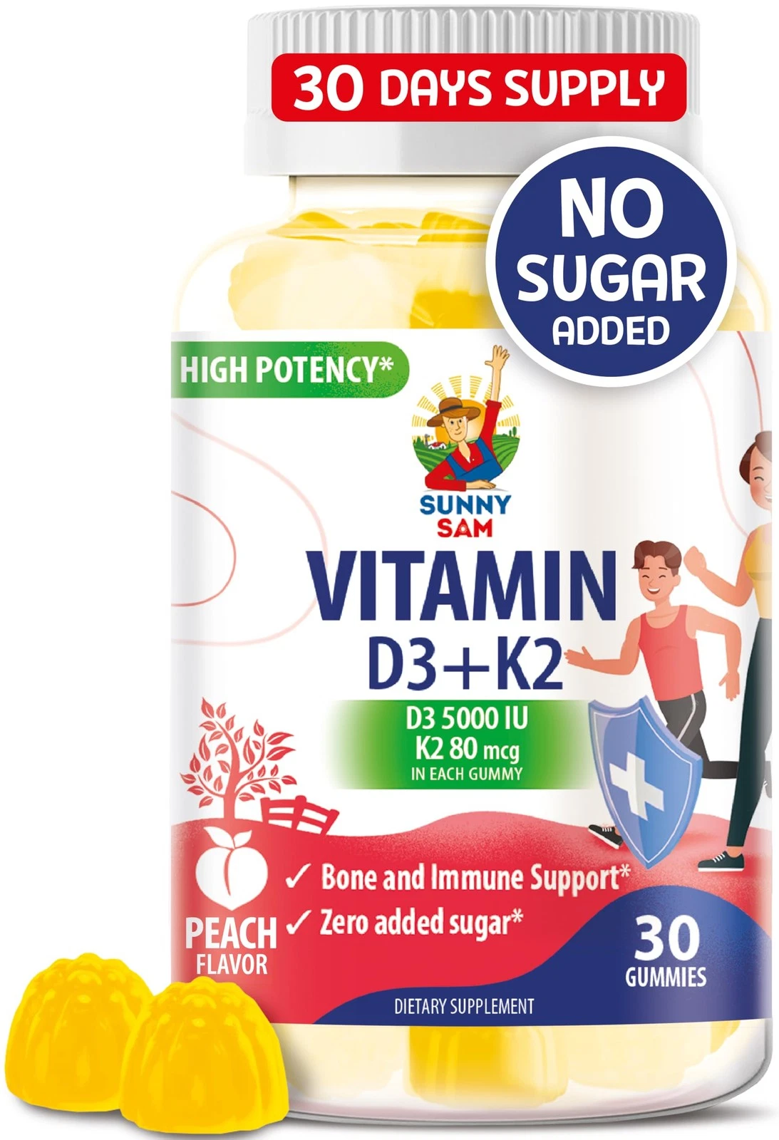 SUNNY SAM Sugar-Free Vitamin D3 K2 Gummies 5000 IU - Immune & Bone Support Gu...