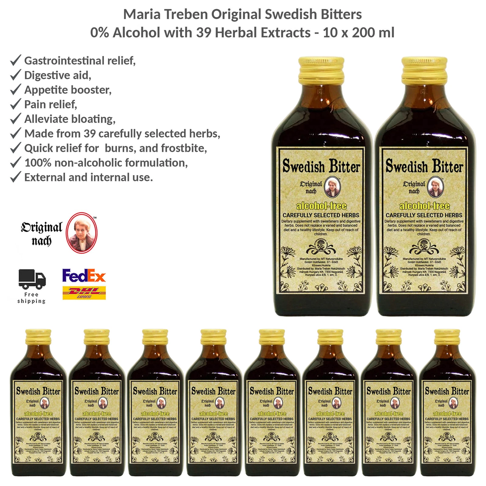 Maria Treben Swedish Bitters 0% Alcohol with 39 Herbal Extracts 10x200ml