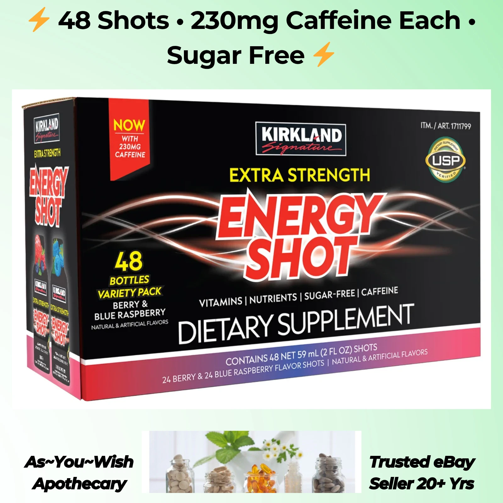 Kirkland Energy Shot Extra Strength 48 Bottles 2oz Each 230mg Caffeine Berry Mix