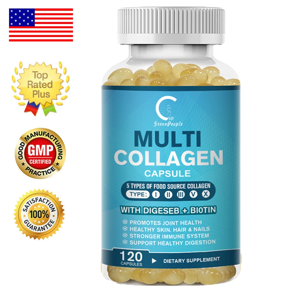 Multi Collagen Peptides-120 Capsules-Type I,II,III,V,X Anti-Aging Collagen Caps
