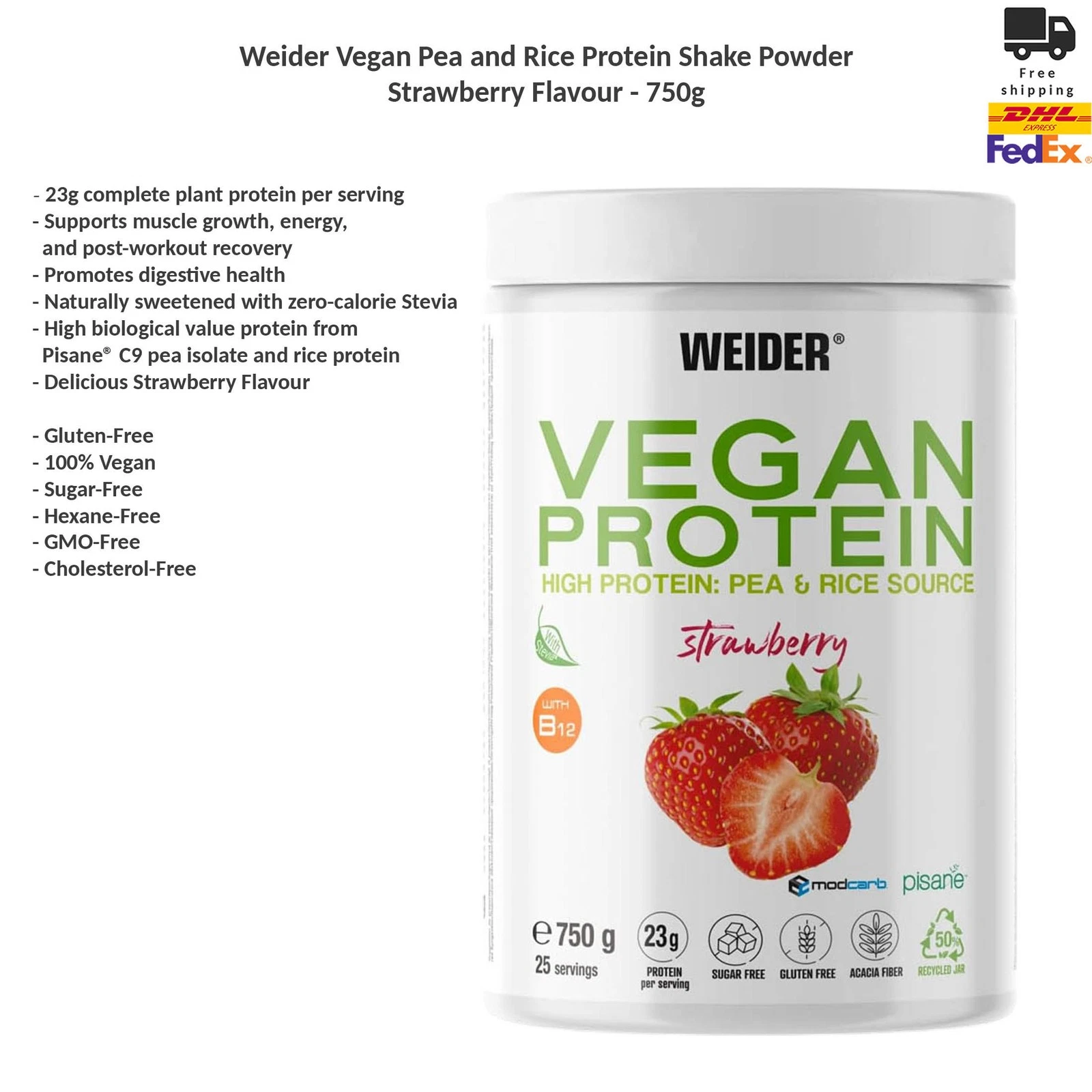 Weider Vegan Pea and Rice Protein Shake Powder Strawberry Flavour 750g