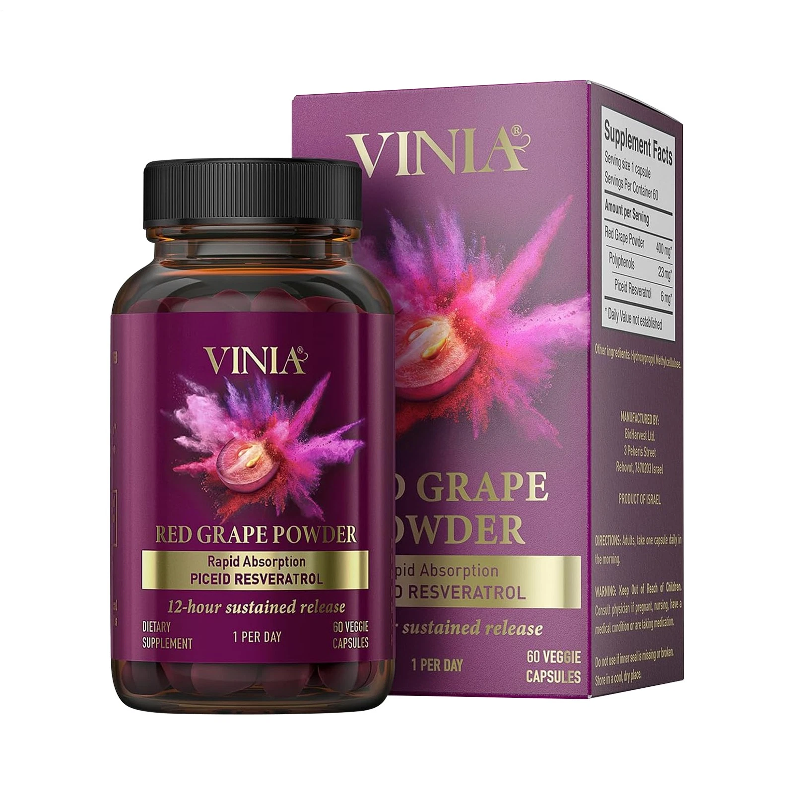 Vinia Red Grape Powder Rapid Absorbtion Piceid Resveratrol 60 Veggie Capsules