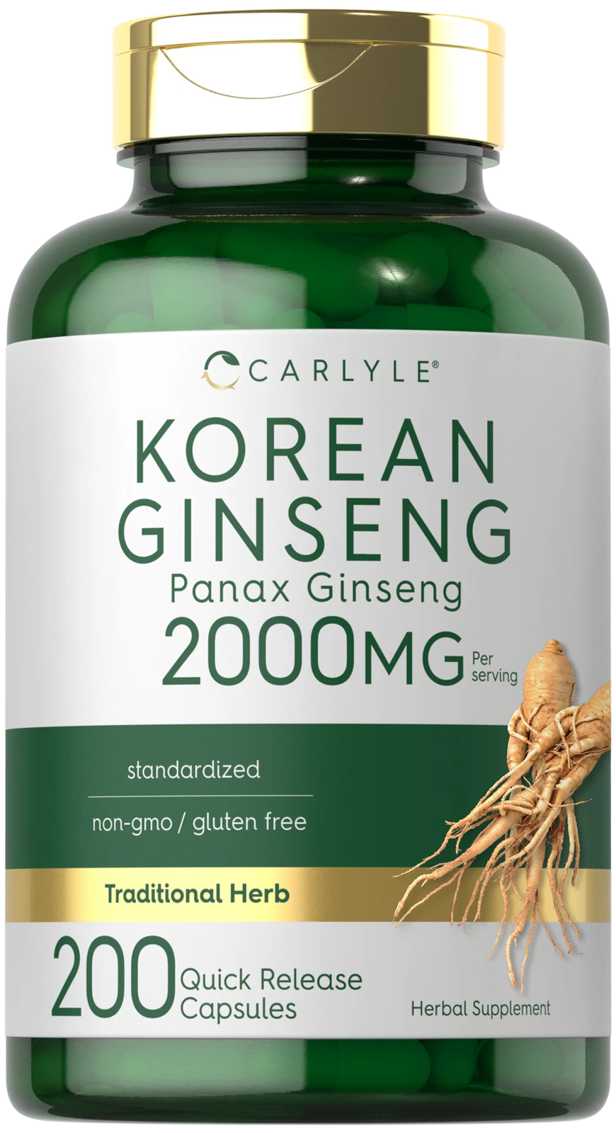 Korean Ginseng Capsules 2000mg | 200 Count | Non-GMO, Gluten Free | by Carlyle