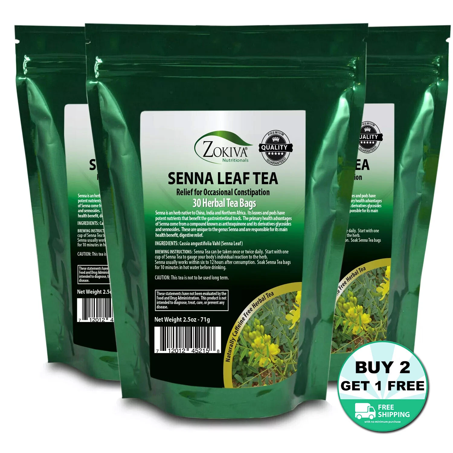 [224366643846] Senna Tea Bags 3-Pack (90) Premium Quality, Caffeine-free Herbal Leaf Tea bags