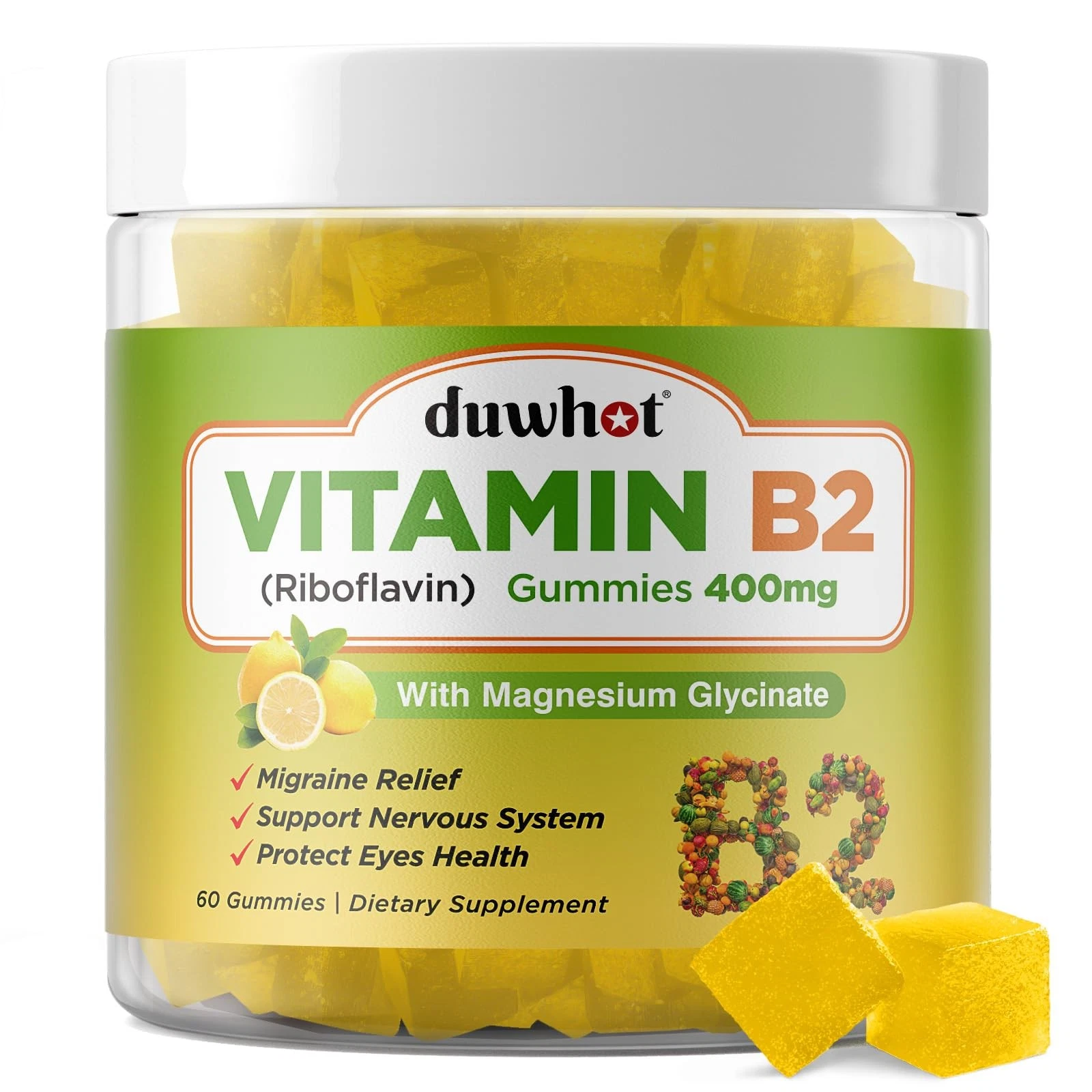duwhot Vitamin B2 Gummies with Magnesium- Riboflavin 400mg for Migraine Relief &