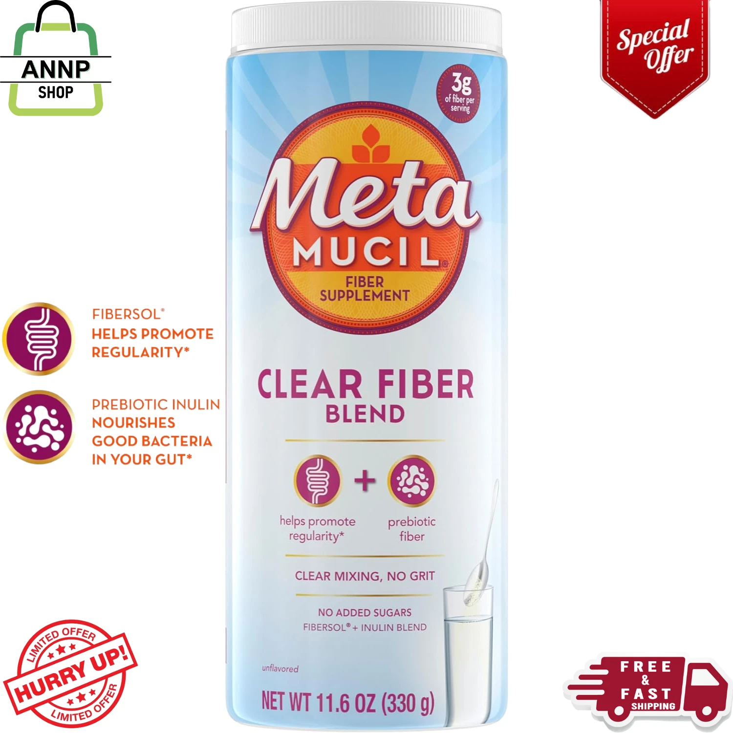 Metamucil Fiber Supplement, Unflavored Clear Mixing Powder, No Grit, No Sugar US