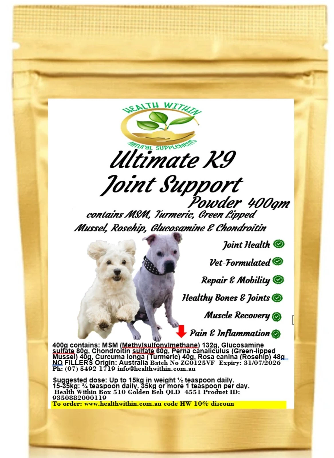 Ultimate Canine Joint Dog Supplement MSM Glucosamine Chondroitin Rosehip 1kg