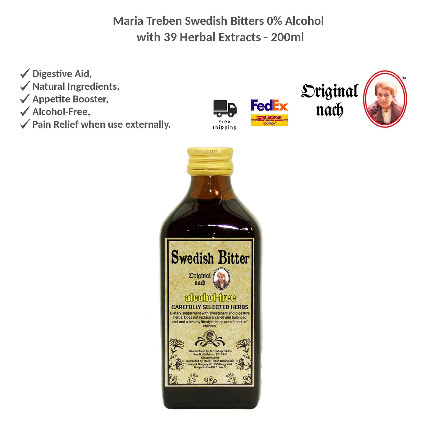 Maria Treben Swedish Bitters 0% Alcohol with 39 Herbal Extracts 200ml