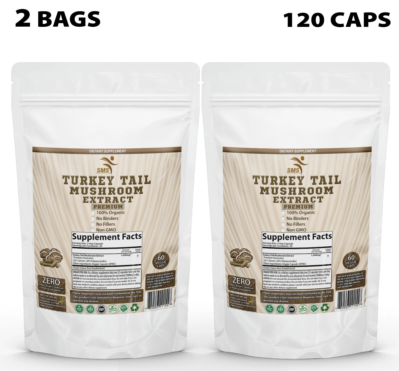 Turkey Tail Mushroom 50% Poly Extract Powder 120 Veggie Capsules Organic Non GMO