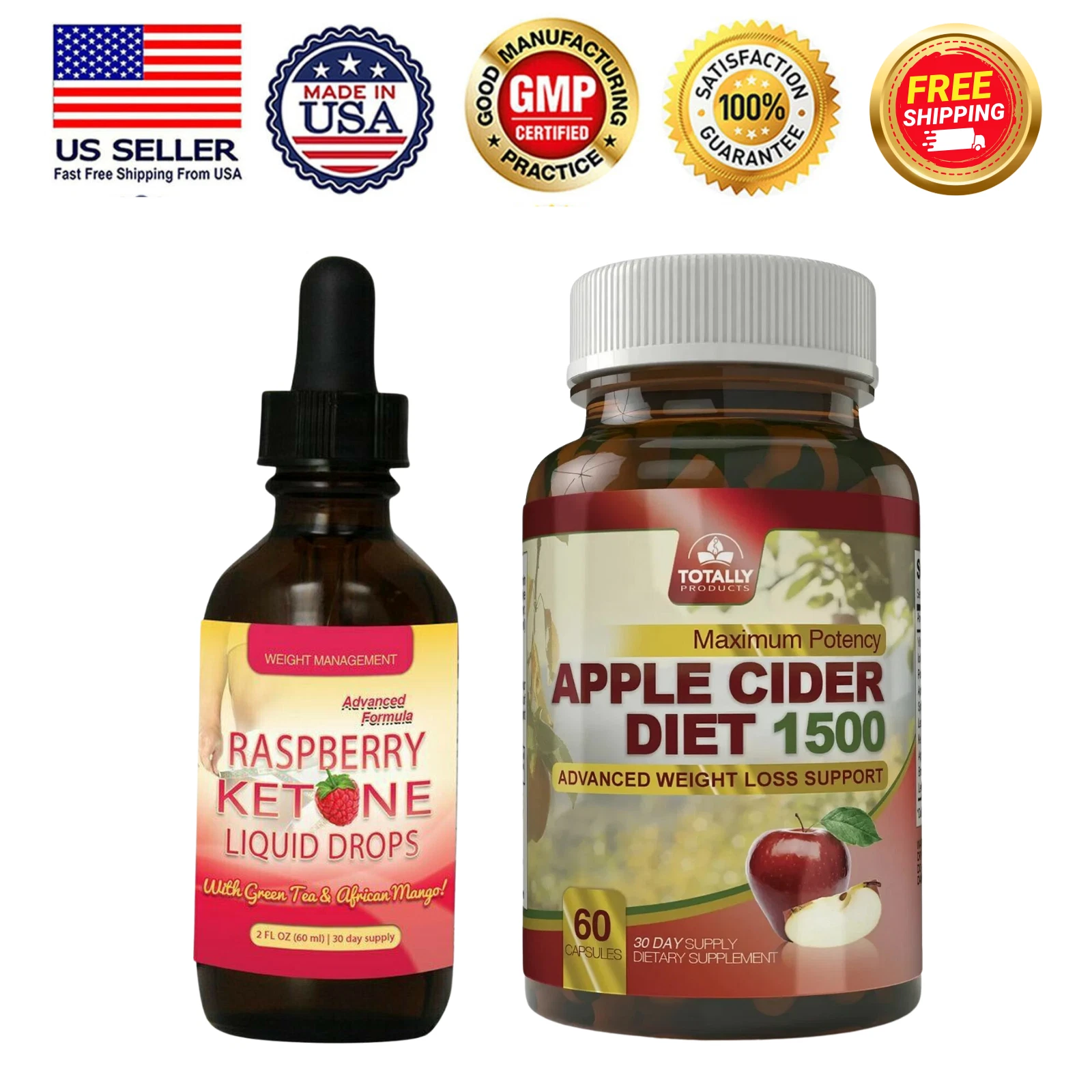 Raspberry Ketone Liquid Drops & Apple Cider Vinegar Fat Burn Weight Loss Pills