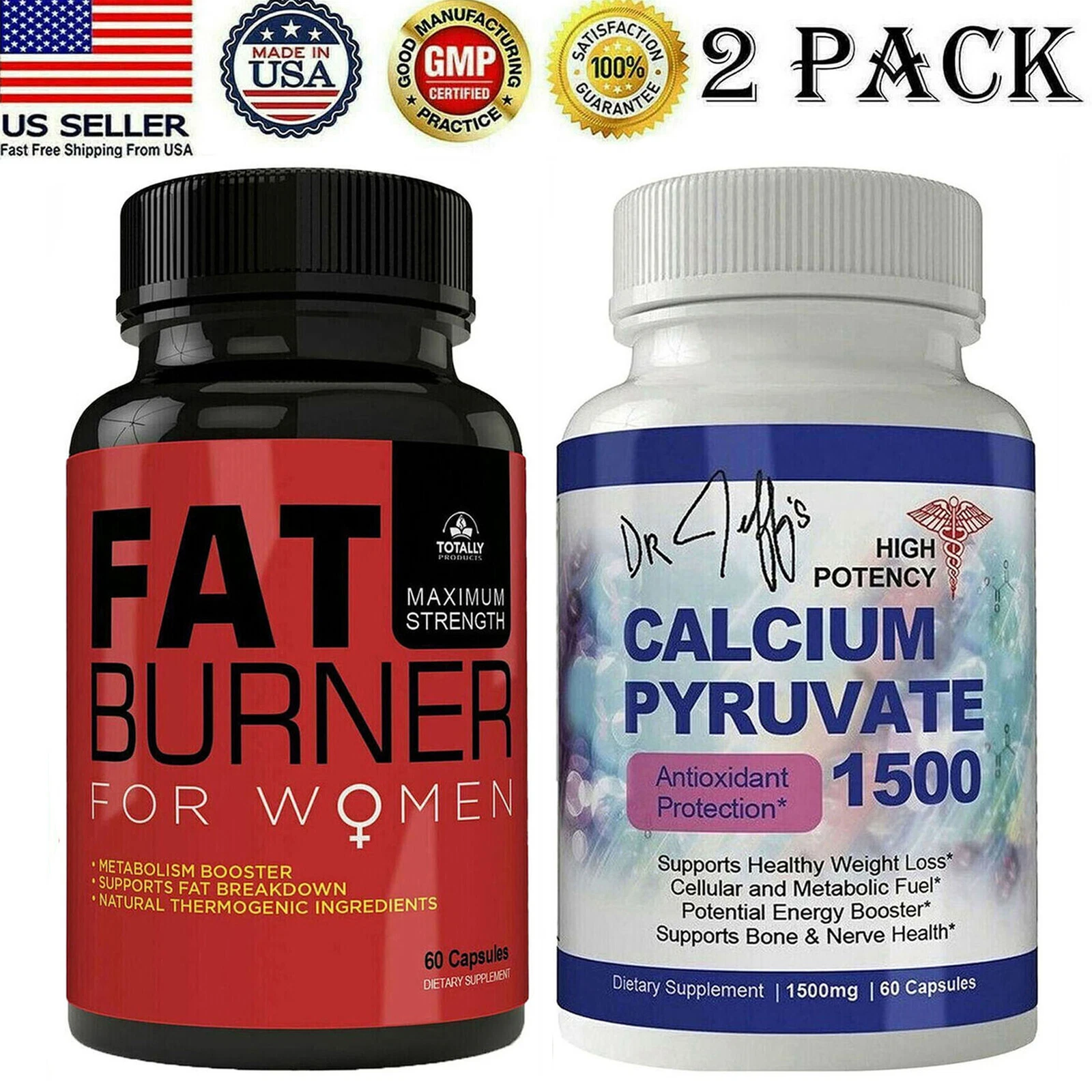 Women Fat Burner Caps Calcium Pyruvate 1500mg Fat Burner Weight Loss Caps 2 Pack
