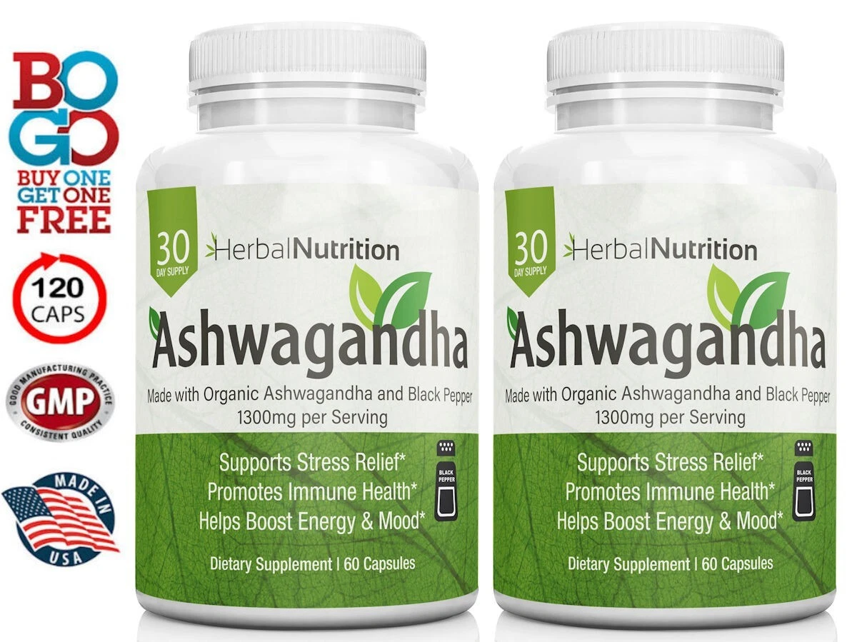 Ashwagandha Extra Strength Organic Stress Supplement 120 Capsules Two Bottles