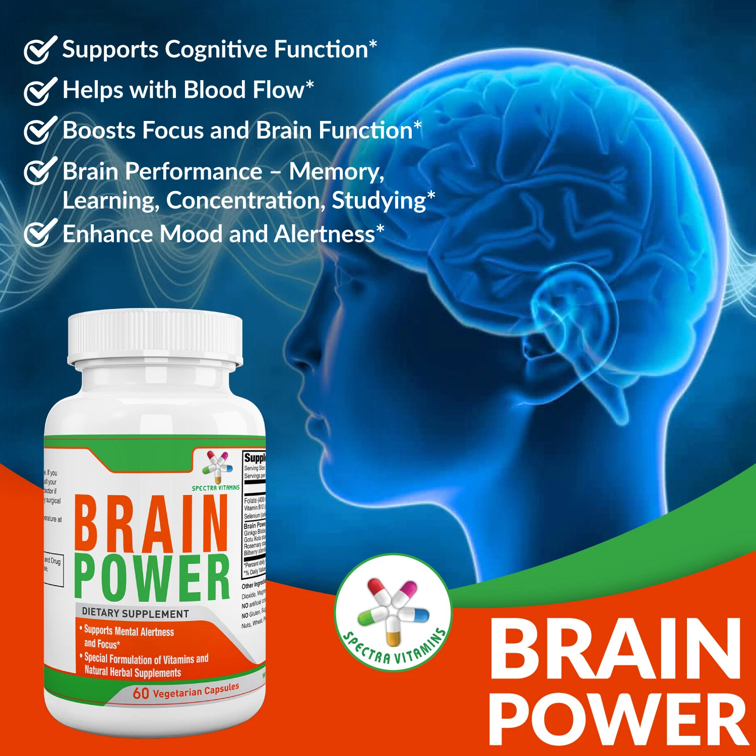 BRAIN POWER supports Mental Alertness and Focus, Ginkgo Biloba, Rosemary, B12,