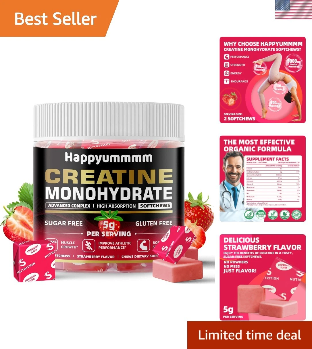 Creatine Monohydrate Chews 5g for Men & Women, Preworkout Gummy with Electrol...