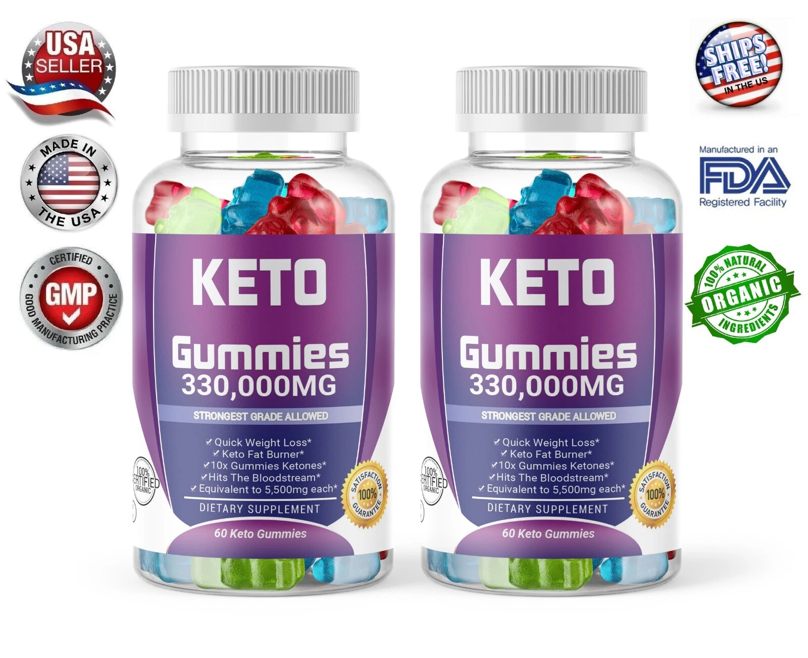 2x Keto Gummies 330,000mg Slimming Apple Cider Vinegar ACV Weight Loss 60 Gummy