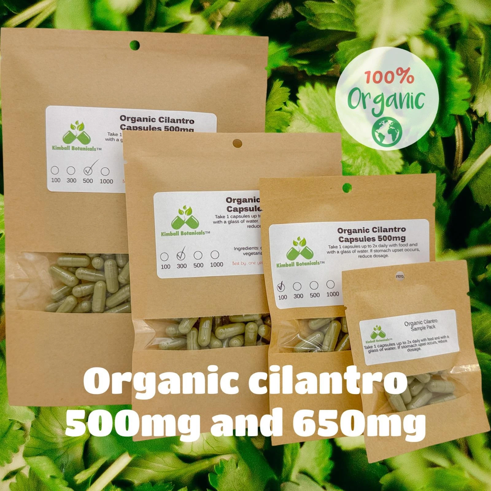 Organic Cilantro (Coriandrum sativum) 500mg and 650mg vegetarian or pullulan