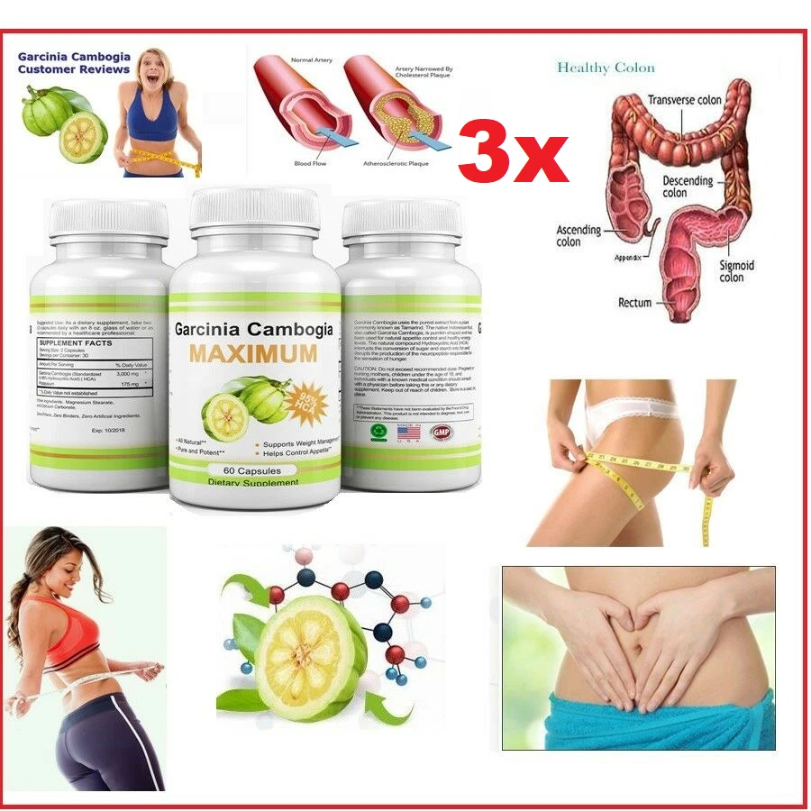 3x USA 95% HCA Garcinia Cambogia Maximum-Diet Weight Loss Fat Burn, 100% PURE