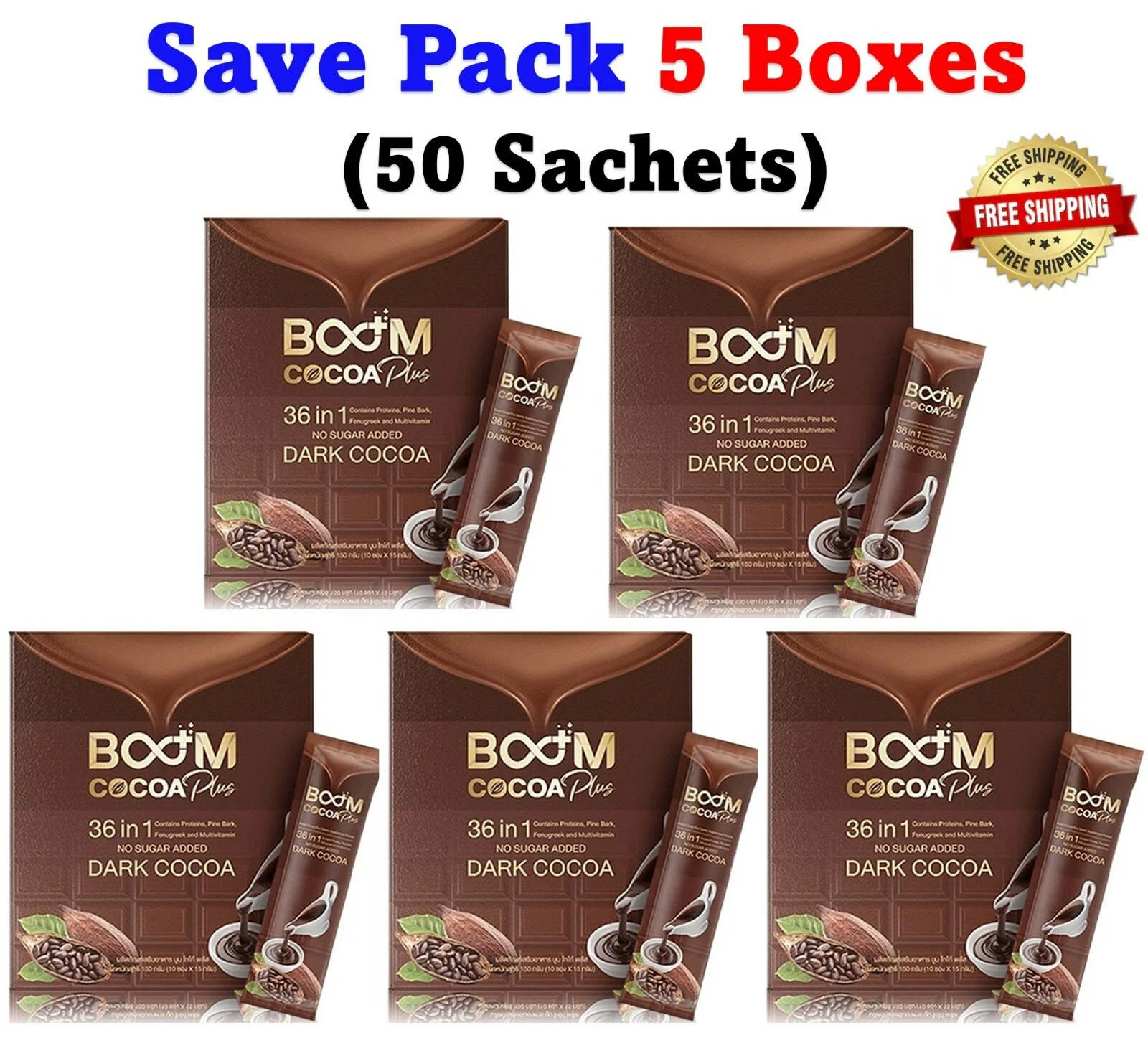 5x Boom Cocoa Plus Instant Powder 36 in 1 Diet Weight Control Slim Sugar-free