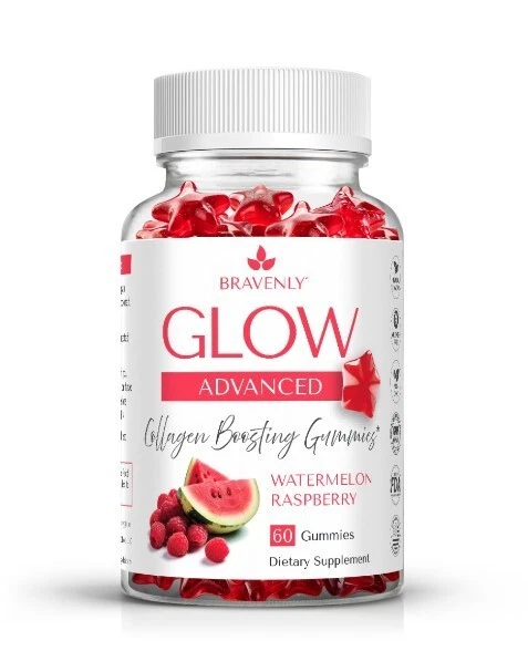 Bravenly GLOW Advanced Collagen Boosting Watermelon Raspberry Gummies, 60 - NEW